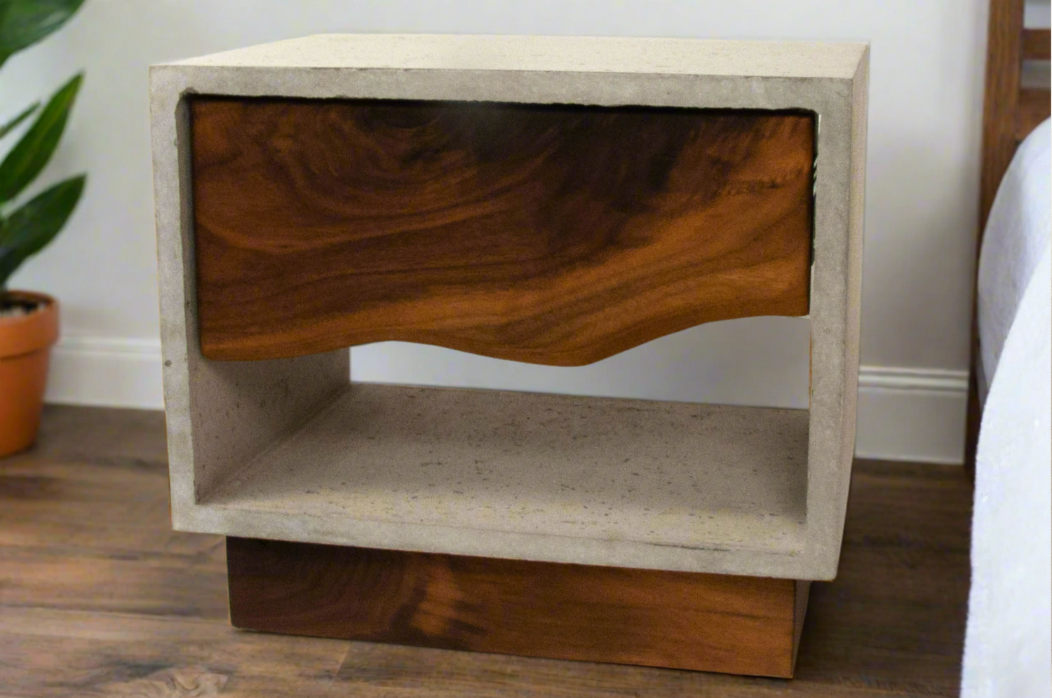 The Base - Concrete Cube & Solid Walnut Wood Base and Drawer Nightstand