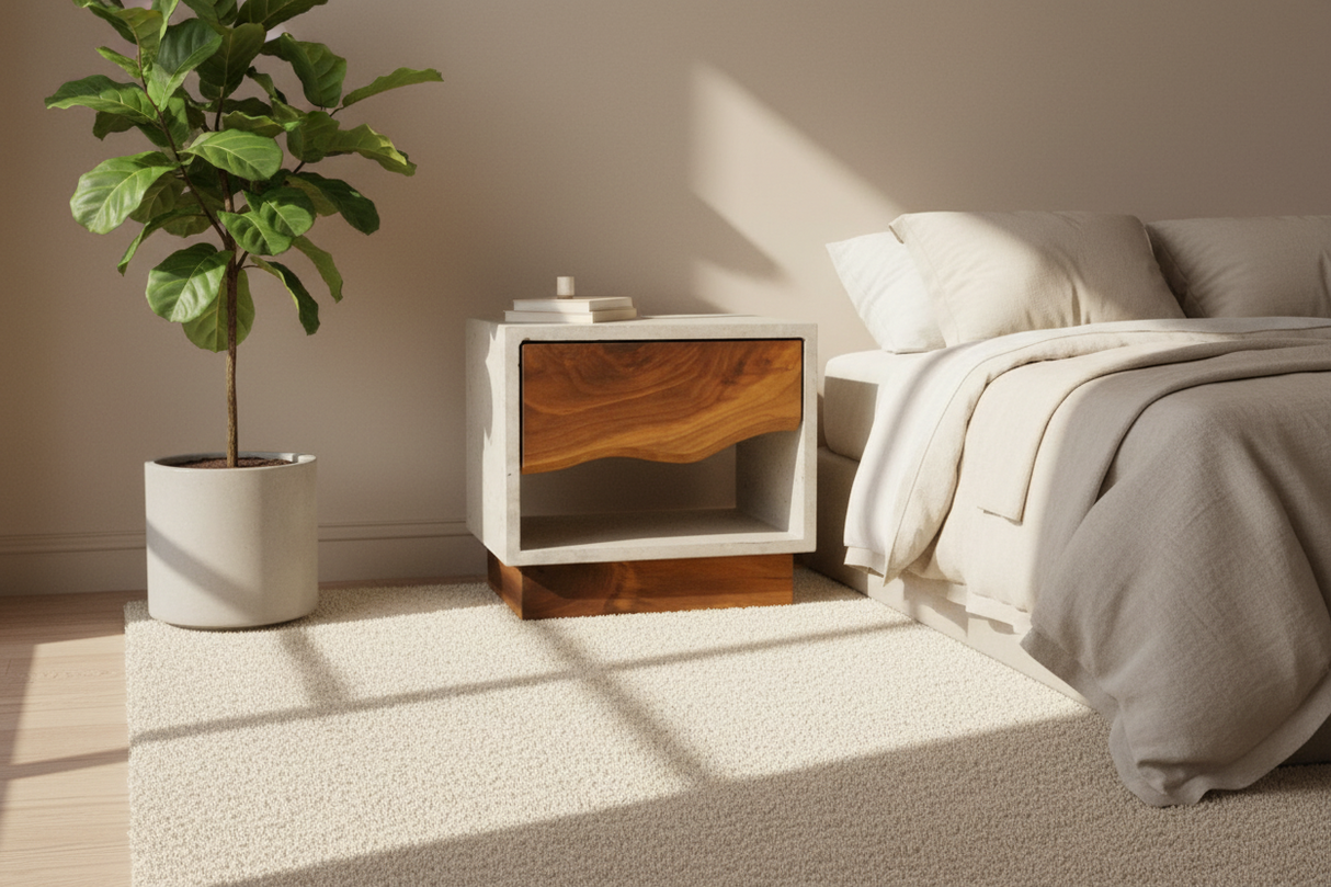 The Base - Concrete Cube & Solid Walnut Wood Base and Drawer Nightstand