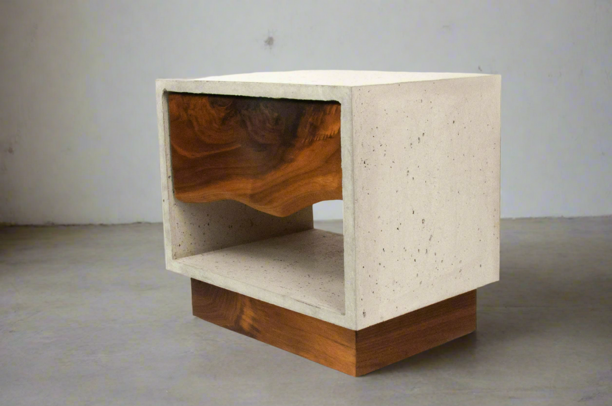 The Base - Concrete Cube & Solid Walnut Wood Base and Drawer Nightstand
