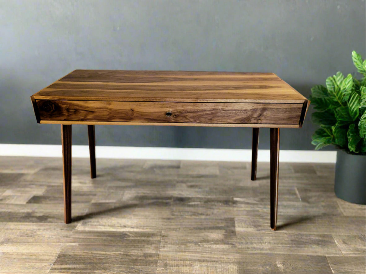 The Roland - Mid-century Modern All Black Walnut Office Desk with Carved Keyboard Shelf (all walnut)