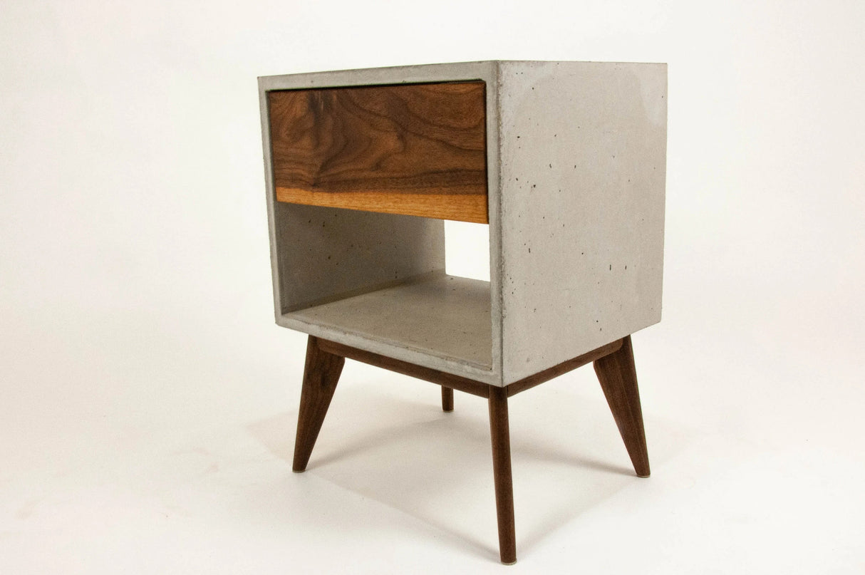 Straight Tall Dwarf - Concrete Cube and Straight Edge Black Walnut Drawer Bed Side Table Nightstand