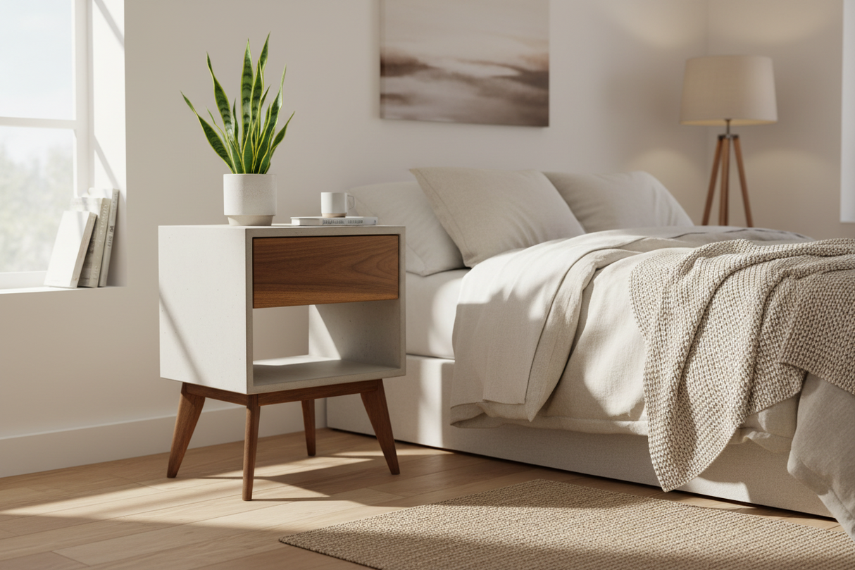 Straight Tall Dwarf - Concrete Cube and Straight Edge Black Walnut Drawer Bed Side Table Nightstand