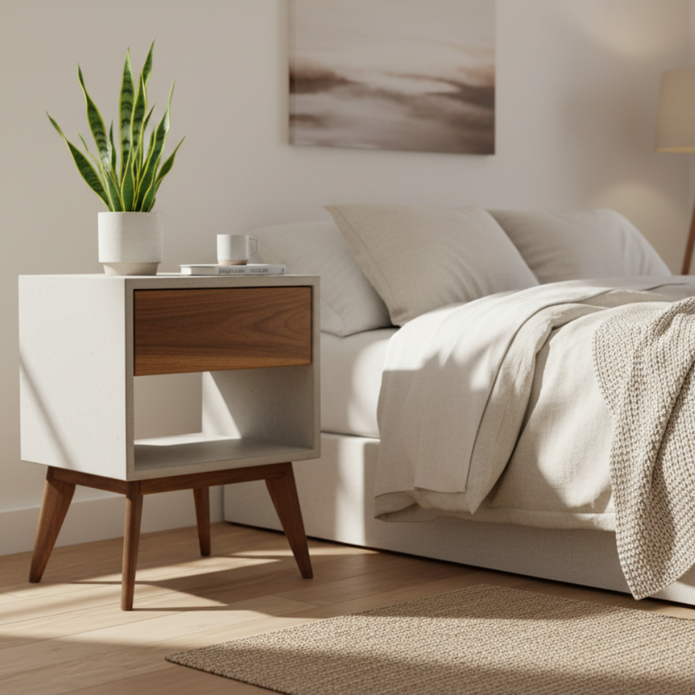 Straight Tall Dwarf - Concrete Cube and Straight Edge Black Walnut Drawer Bed Side Table Nightstand