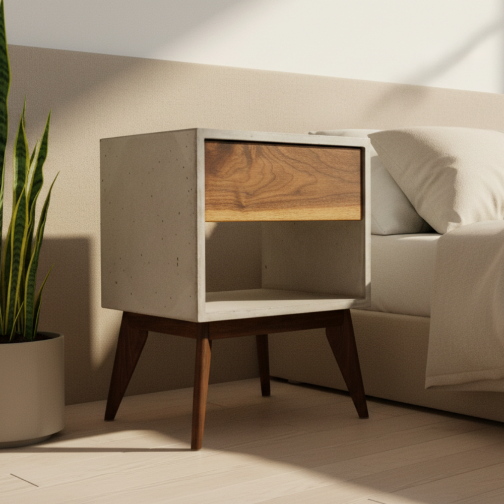 Straight Tall Dwarf - Concrete Cube and Straight Edge Black Walnut Drawer Bed Side Table Nightstand