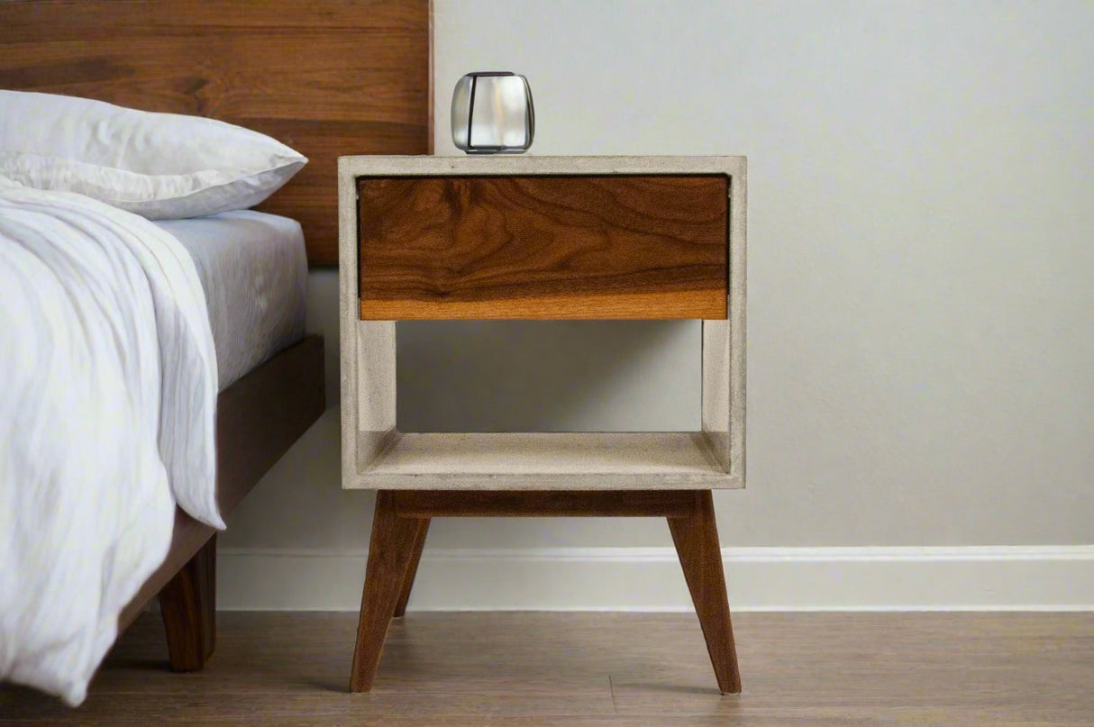 Straight Tall Dwarf - Concrete Cube and Straight Edge Black Walnut Drawer Bed Side Table Nightstand