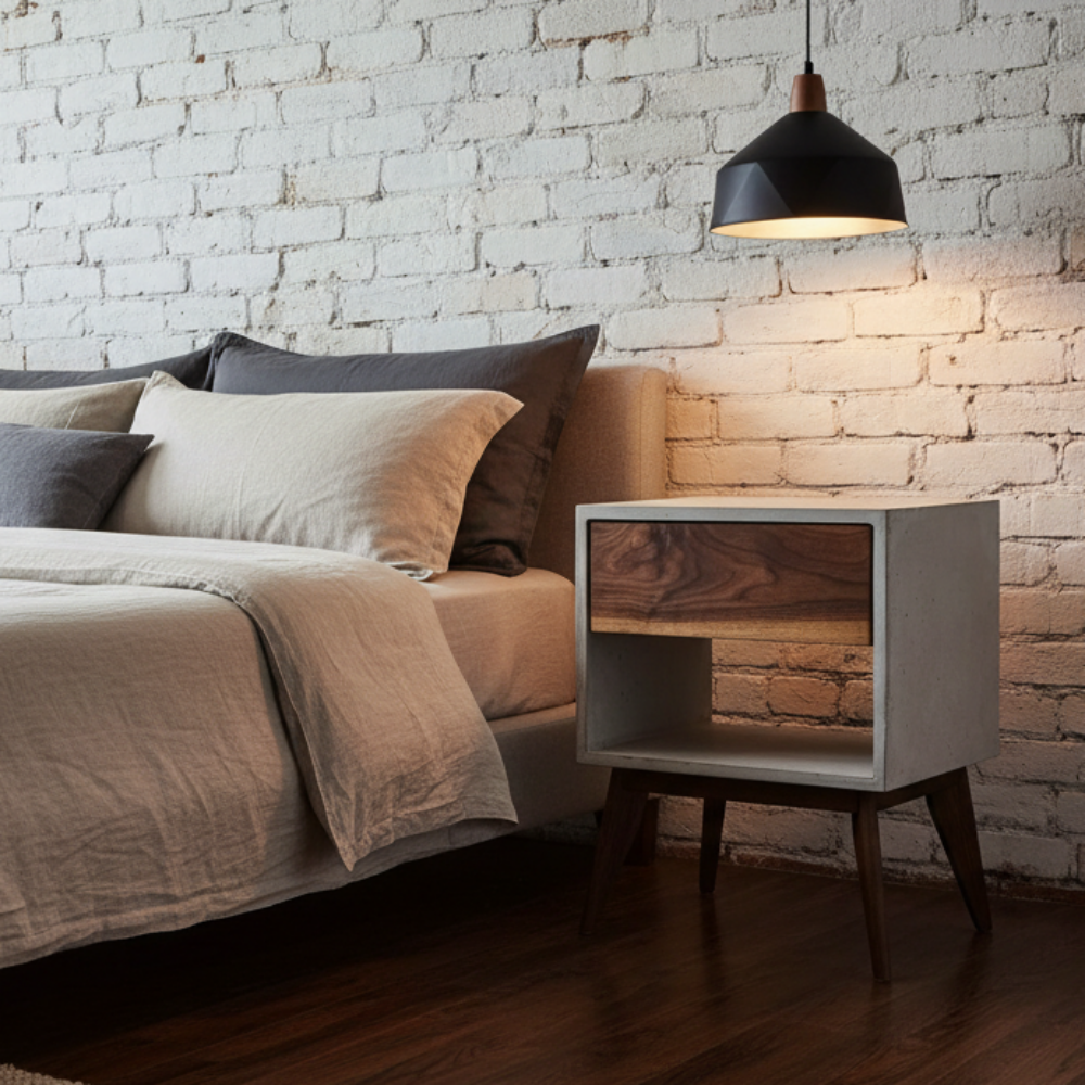 Straight Tall Dwarf - Concrete Cube and Straight Edge Black Walnut Drawer Bed Side Table Nightstand