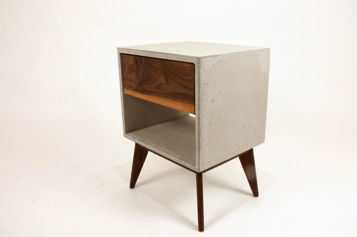Straight Tall Dwarf - Concrete Cube and Straight Edge Black Walnut Drawer Bed Side Table Nightstand