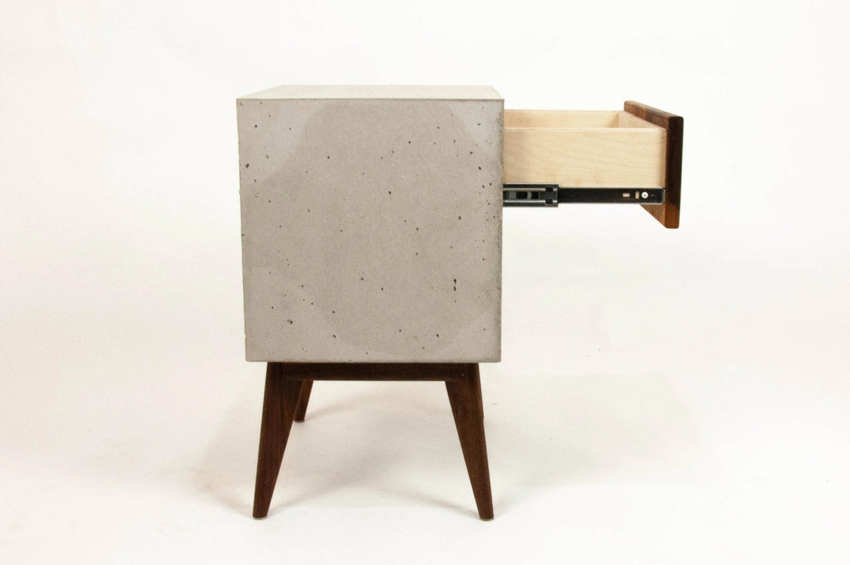 Straight Tall Dwarf - Concrete Cube and Straight Edge Black Walnut Drawer Bed Side Table Nightstand