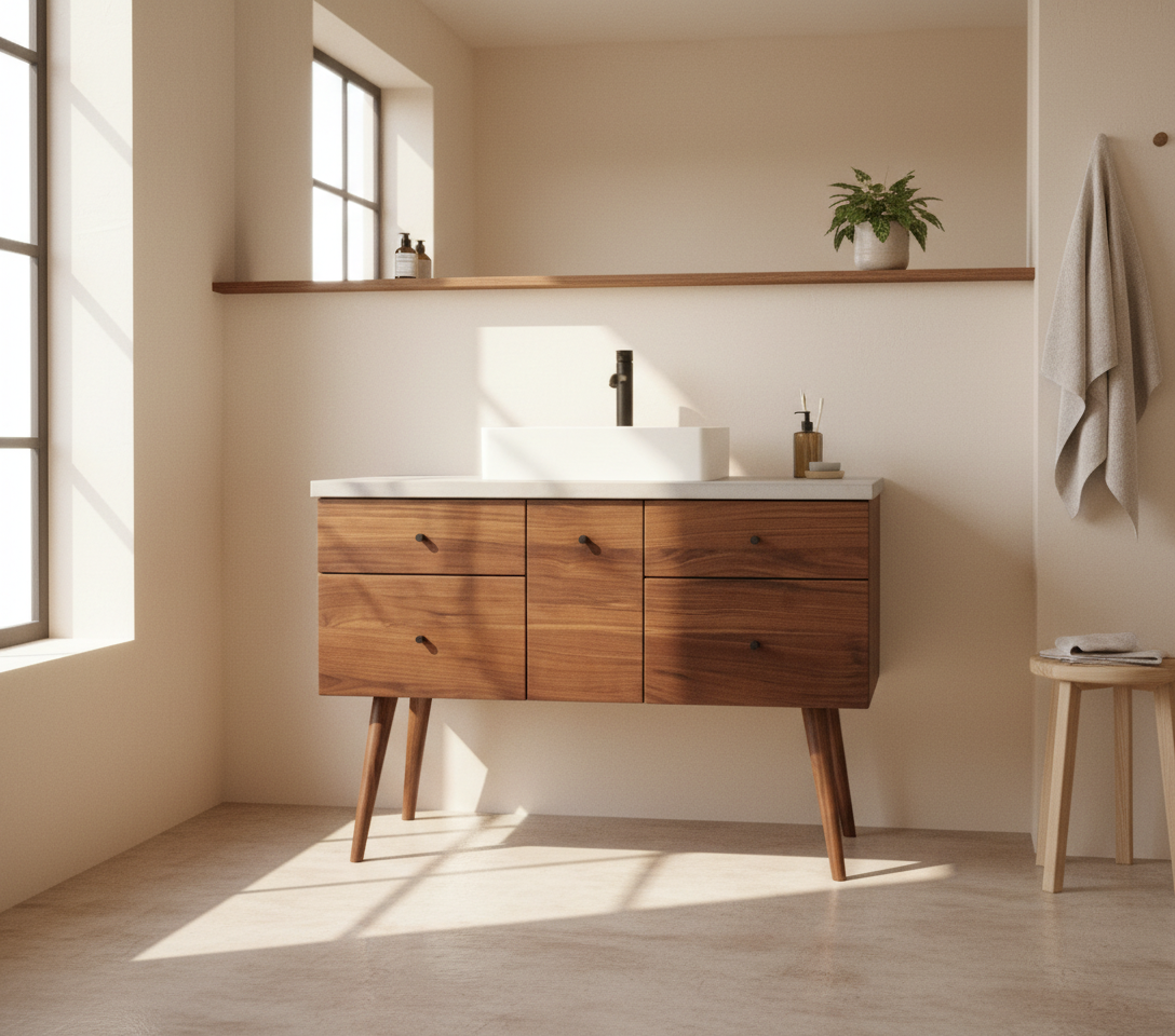 Personalizable Bathroom Vanity Concrete Walnut Solid Wood Drawers