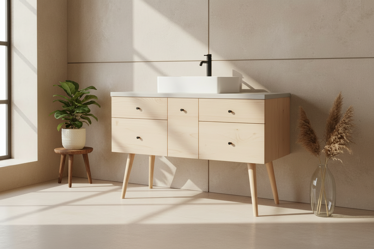 Hard Wood and Concrete Top Custom Bathroom Vanity