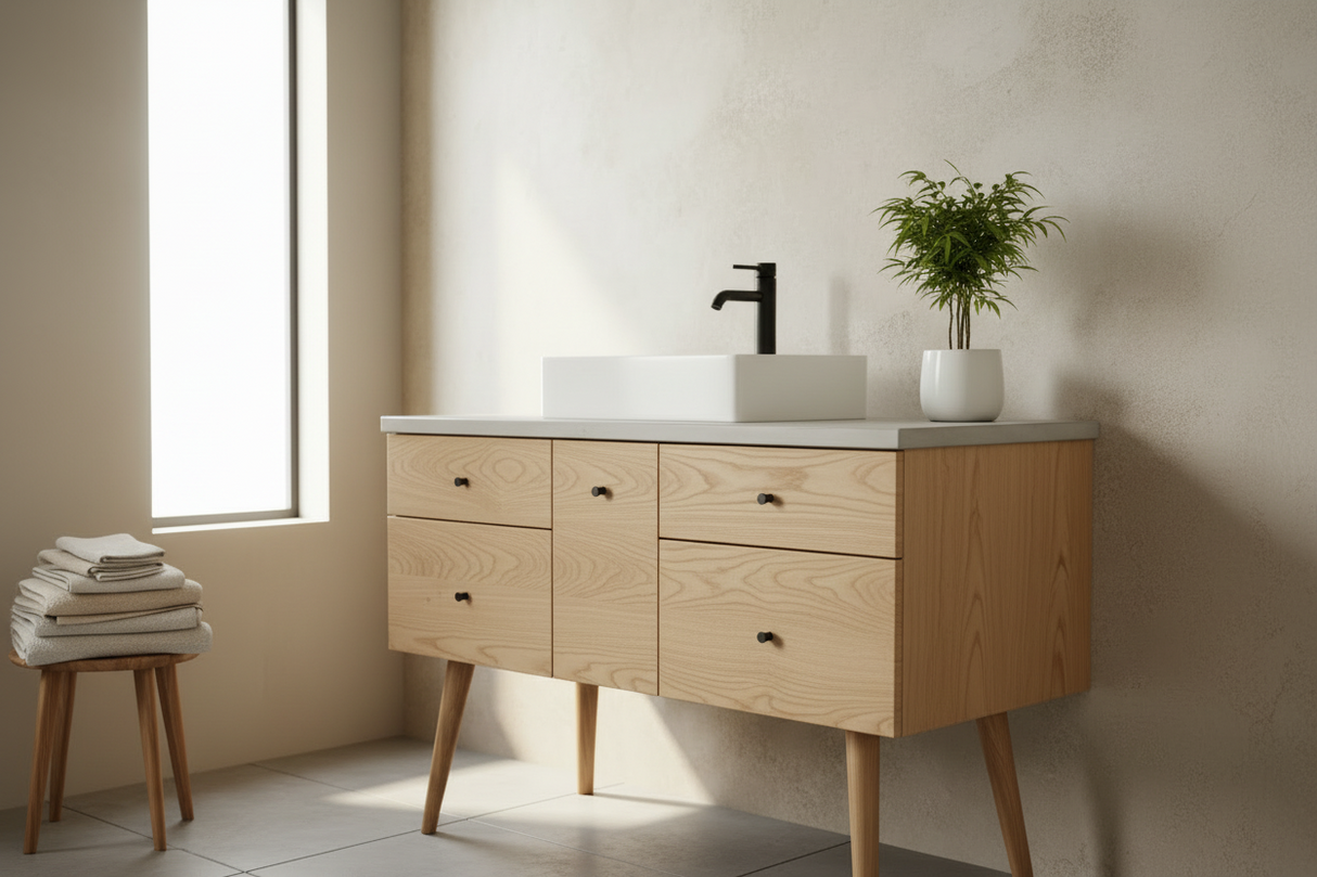 Hard Wood and Concrete Top Custom Bathroom Vanity