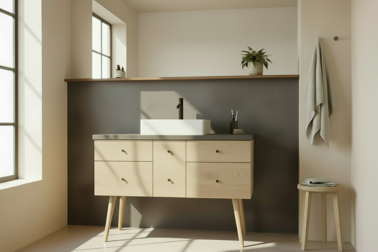 Hard Wood and Concrete Top Custom Bathroom Vanity