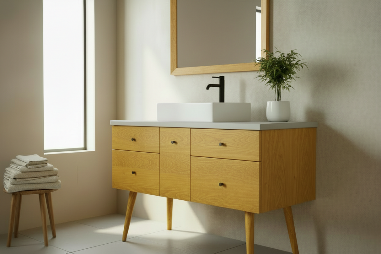 Hard Wood and Concrete Top Custom Bathroom Vanity