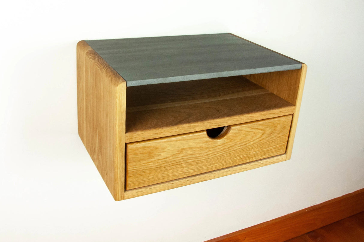 Aby Cloud - Floating White Oak Side Table Nightstand with Concrete Shelf