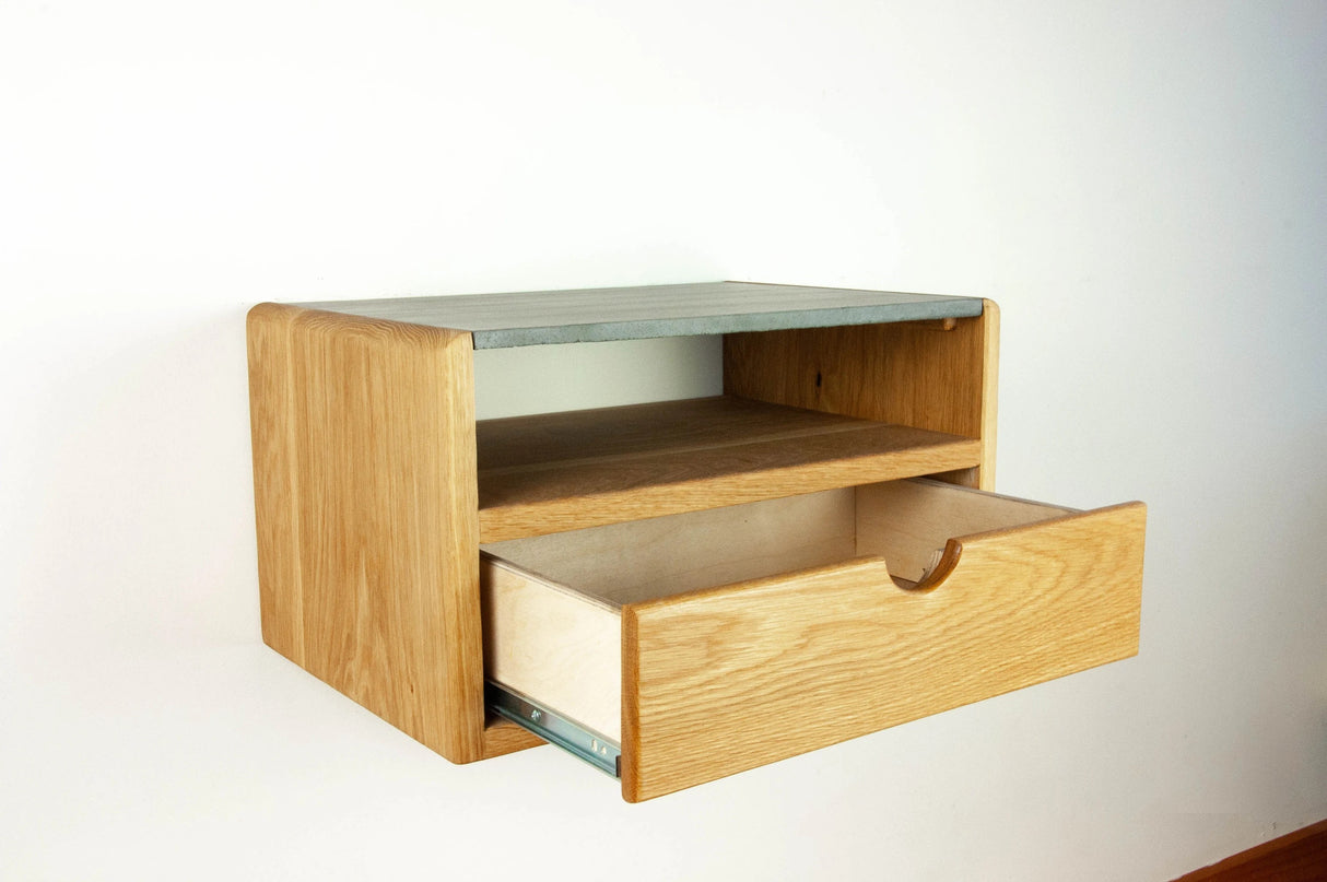 Aby Cloud - Floating White Oak Side Table Nightstand with Concrete Shelf