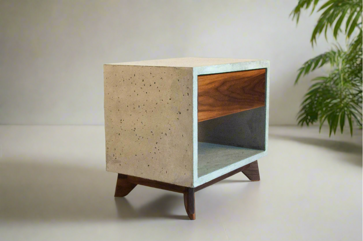 Straight Dwarf - Concrete Cube & Solid Straight Edge Walnut Drawer Nightstand