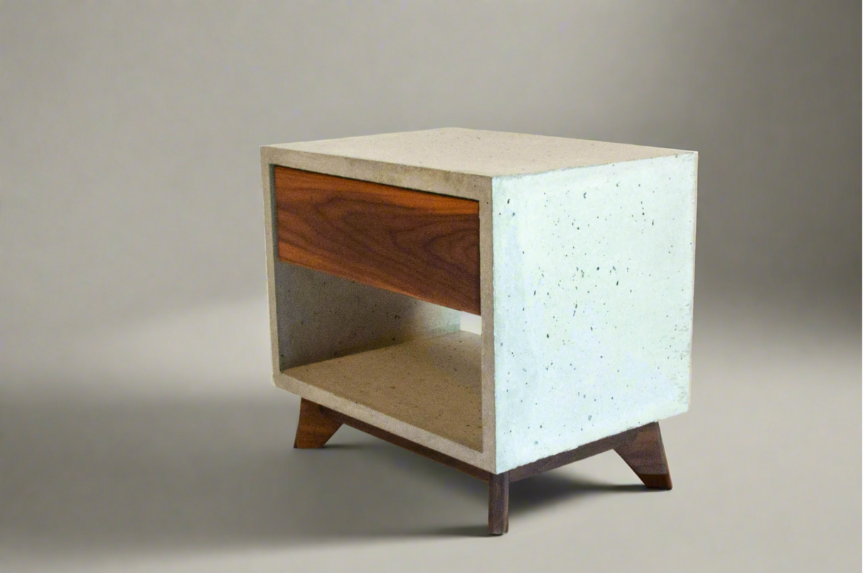 Straight Dwarf - Concrete Cube & Solid Straight Edge Walnut Drawer Nightstand
