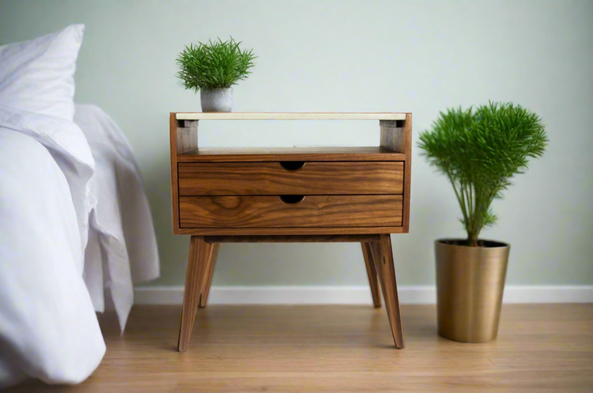 Aby - 2 Drawers Black Walnut & Concrete Top Mid-Century Nightstand
