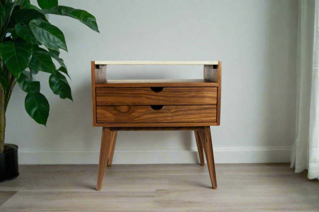 Aby - 2 Drawers Black Walnut & Concrete Top Mid-Century Nightstand