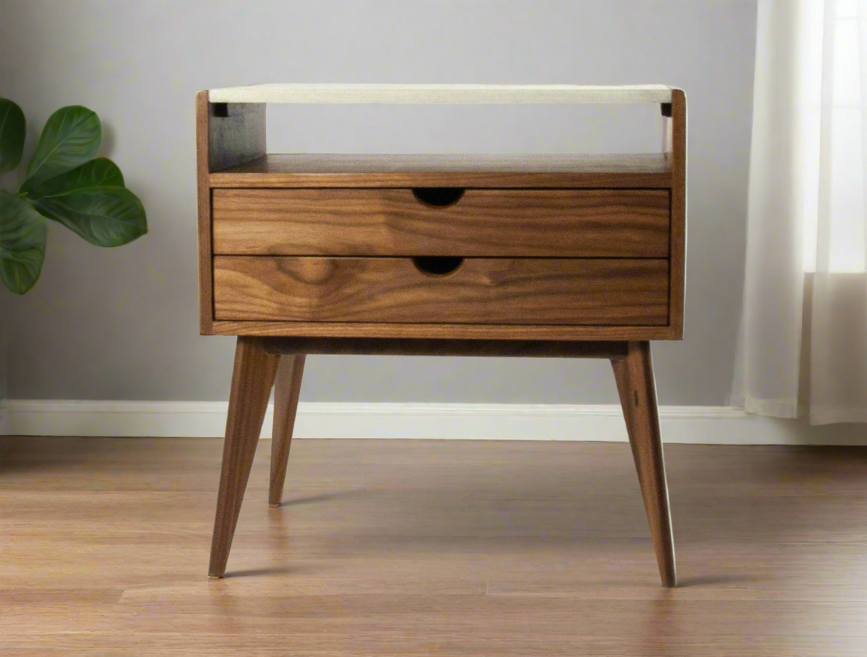 Aby - 2 Drawers Black Walnut & Concrete Top Mid-Century Nightstand