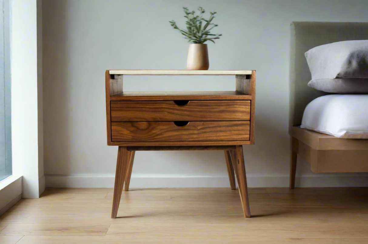 Aby - 2 Drawers Black Walnut & Concrete Top Mid-Century Nightstand