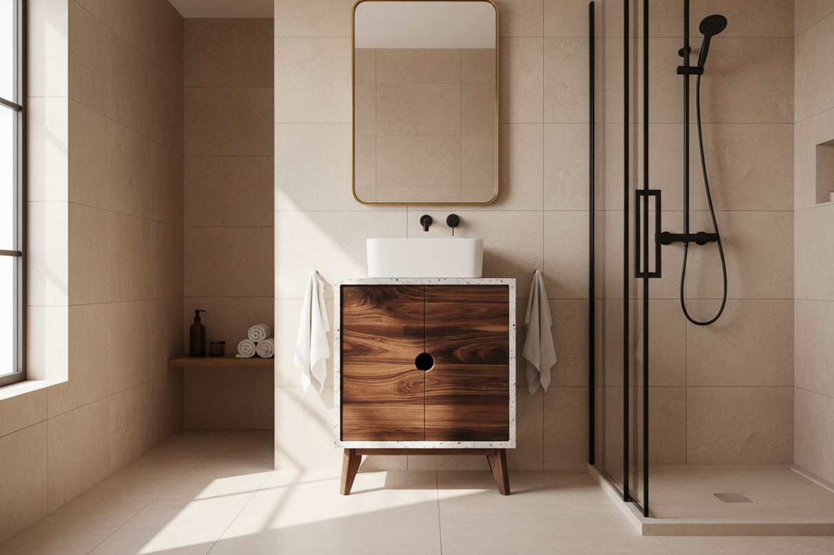 Concrete and Hard Wood Custom Bathroom Vanity with Cabinet Doors