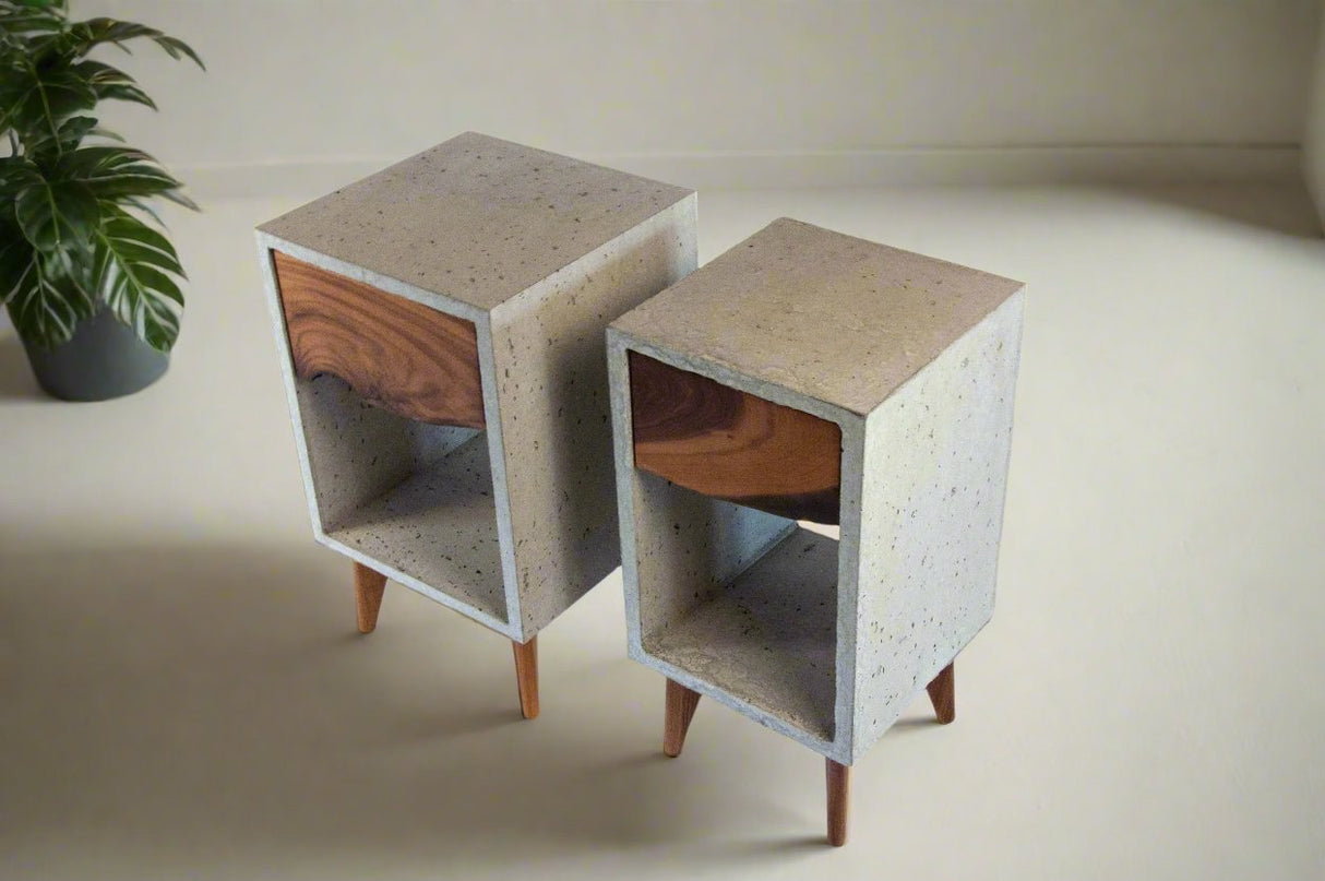 Classic - Concrete and Live Edge Black Walnut Solid Wood Drawer Nightstand Side Table