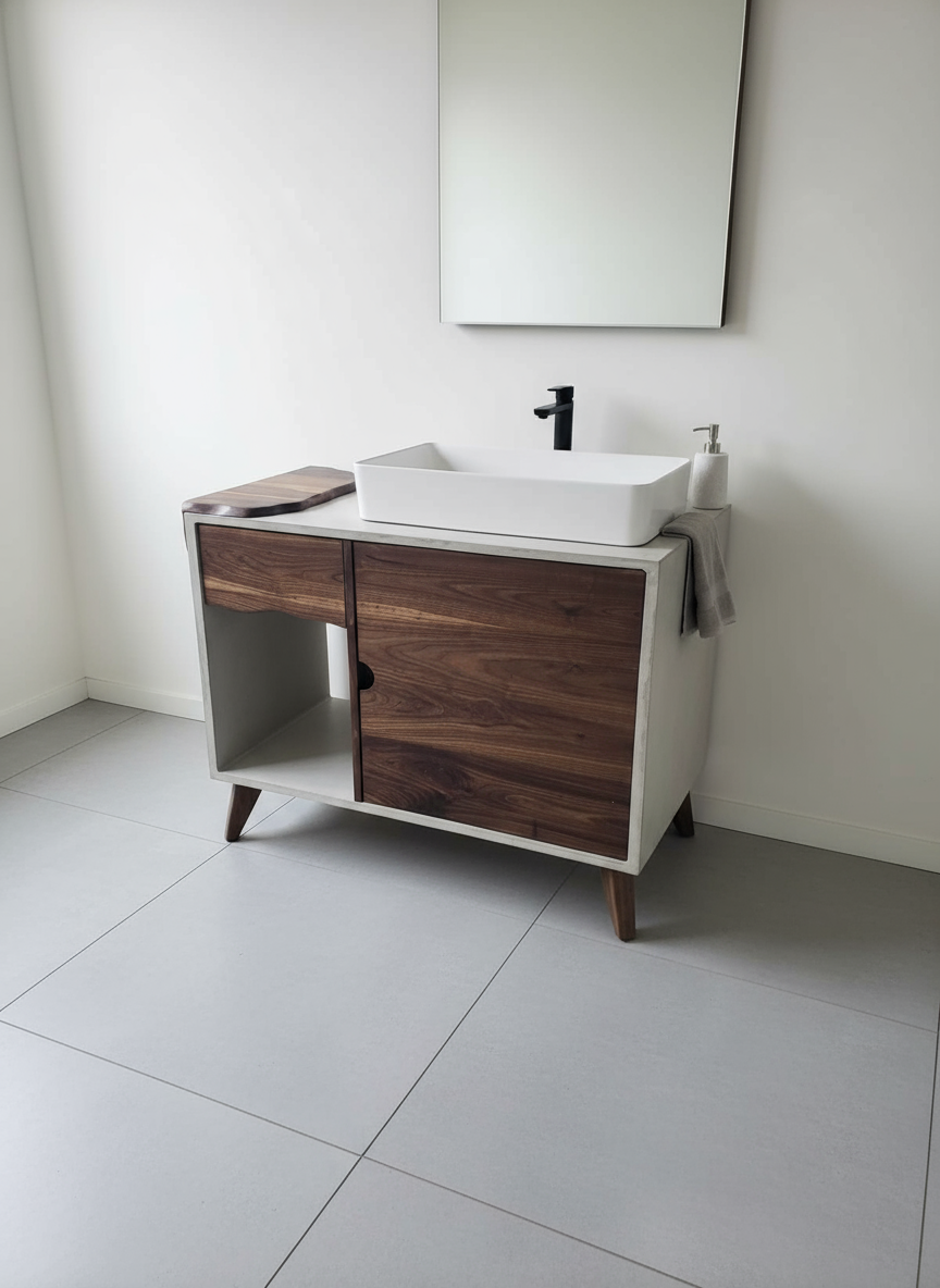 Wooden vanity with a white sink on a wooden floor.