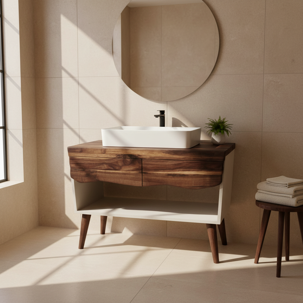 Concrete and Hard Wood Custom Bathroom Vanity with Wood Top and Drawers