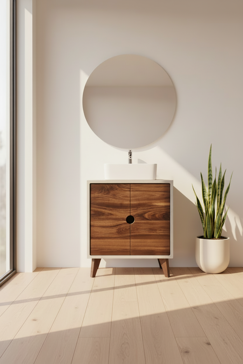 Concrete and Hard Wood Custom Bathroom Vanity with Cabinet Doors