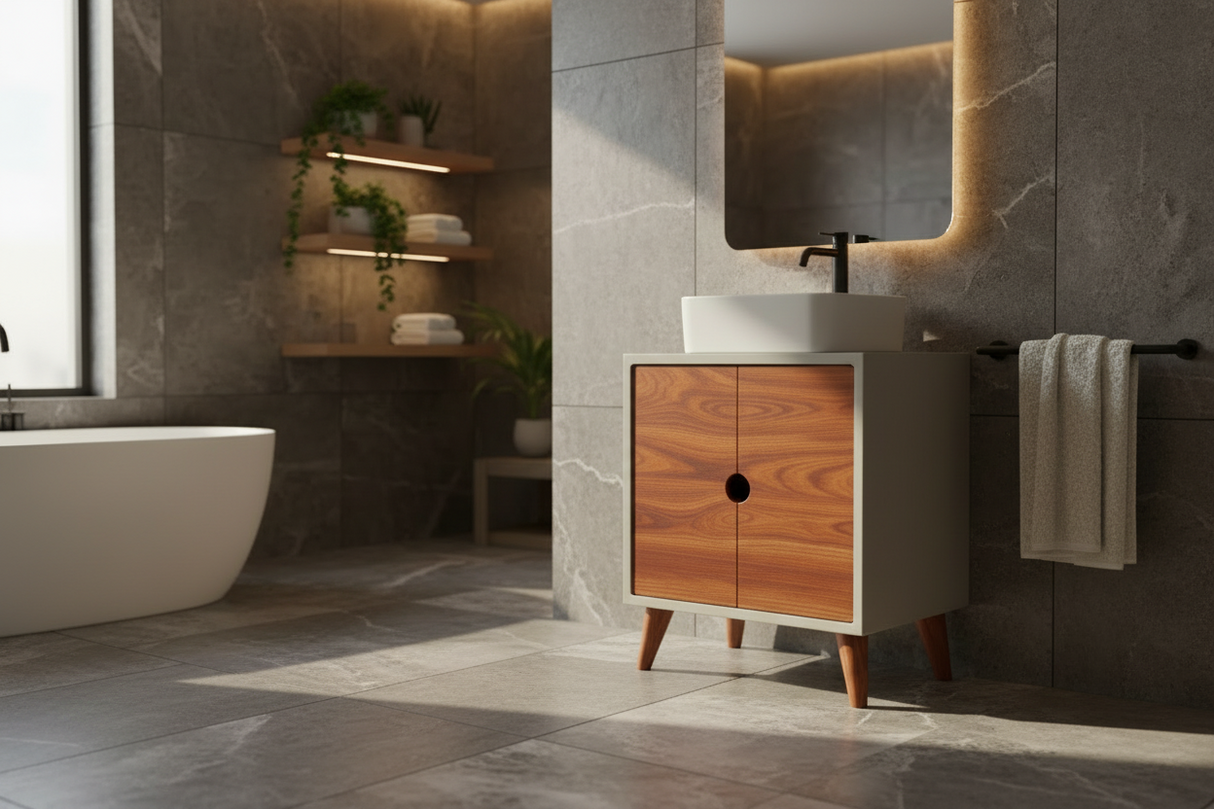 Concrete and Hard Wood Custom Bathroom Vanity with Cabinet Doors