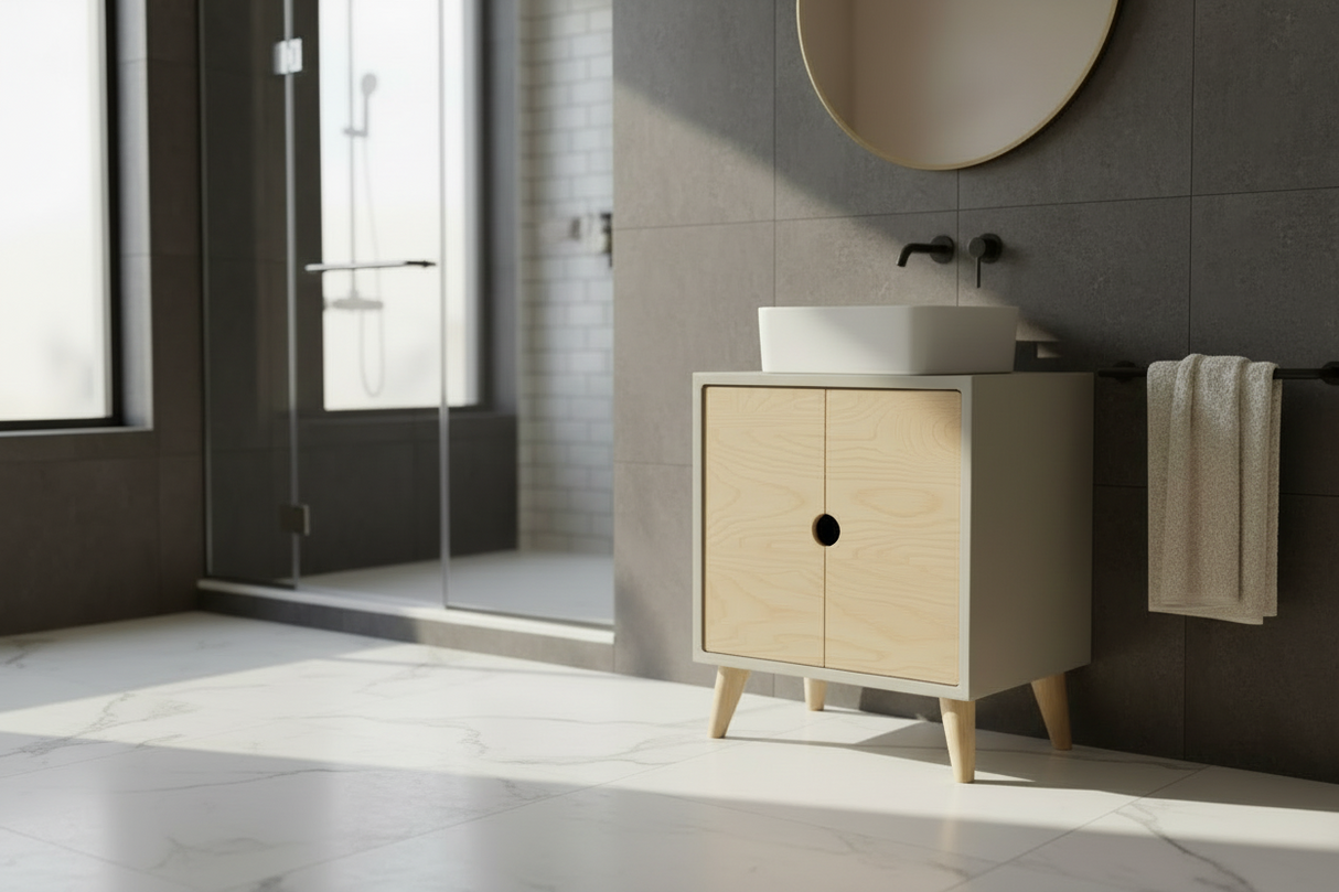 Concrete and Hard Wood Custom Bathroom Vanity with Cabinet Doors