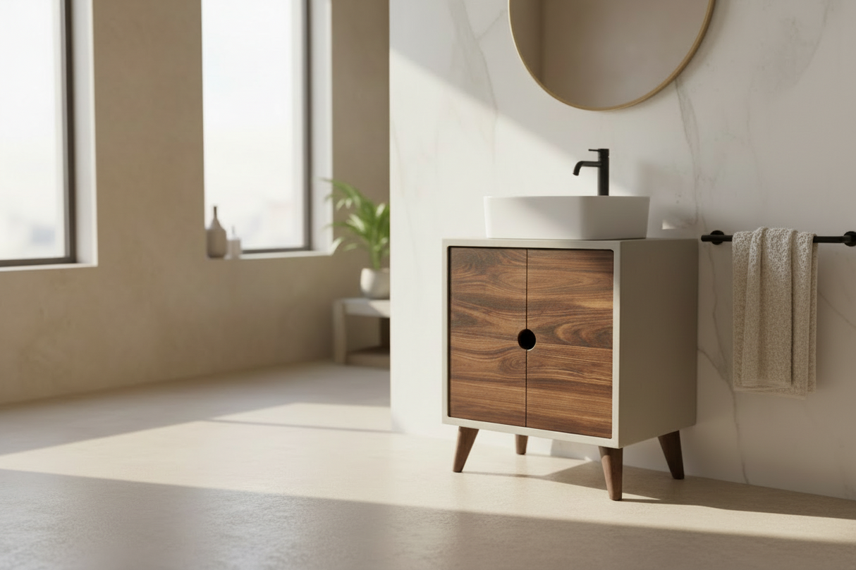 Concrete and Hard Wood Custom Bathroom Vanity with Cabinet Doors