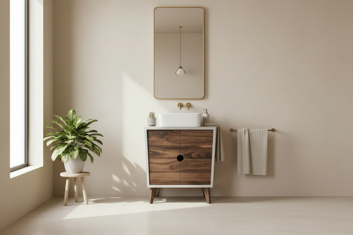 Concrete and Hard Wood Custom Bathroom Vanity with Cabinet Doors