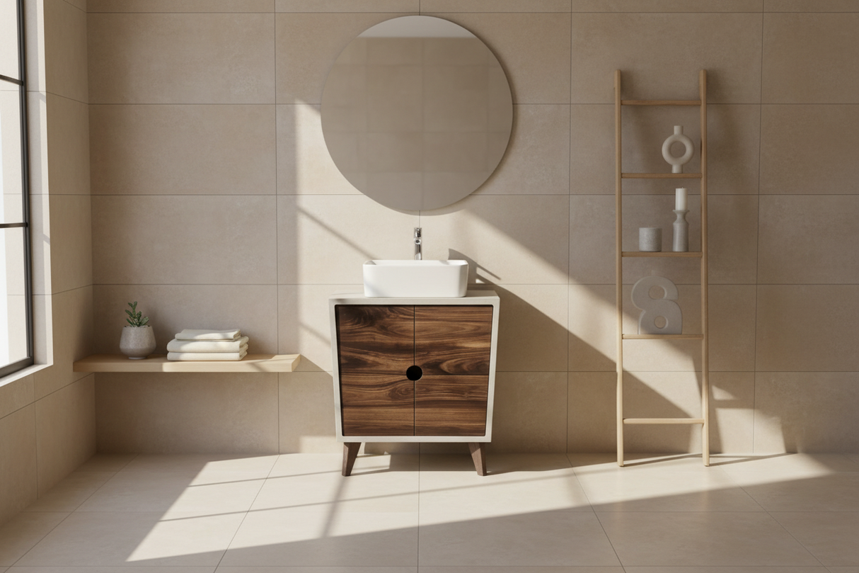Concrete and Hard Wood Custom Bathroom Vanity with Cabinet Doors
