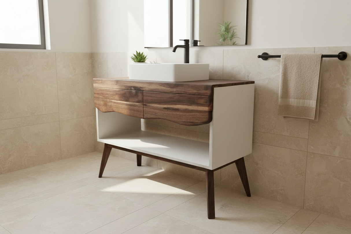 Concrete and Hard Wood Custom Bathroom Vanity with Wood Top and Drawers