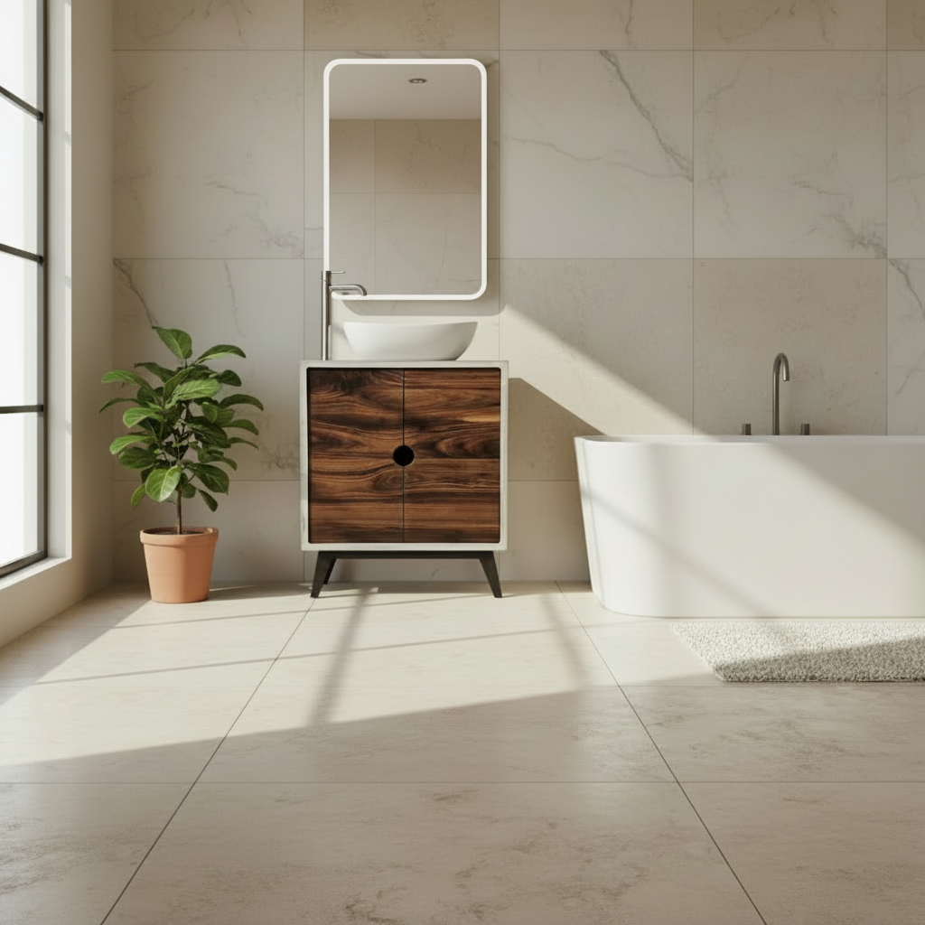 Concrete and Hard Wood Custom Bathroom Vanity with Cabinet Doors