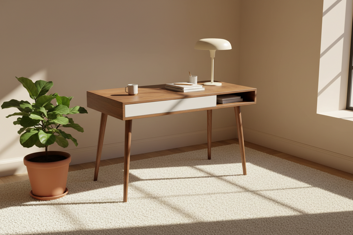 Two Third - Mid-Century Black Walnut Office Desk with concrete Drawers