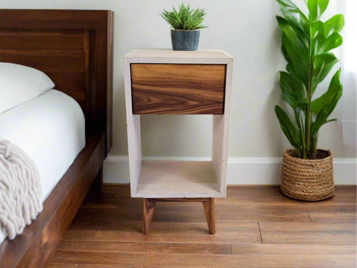 Classic Straight - Concrete Cube Straight Edge Solid Black Walnut Wood Drawer Nightstand Bed Side Table