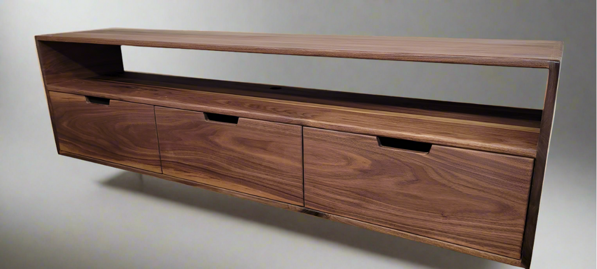 Custom Floating Black Walnut Bedside Table Nightstand with 3 Drawers and Shelf