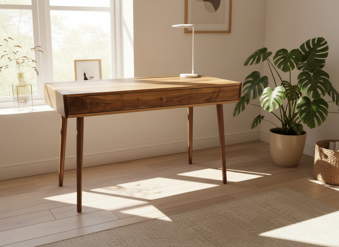 The Roland - Mid-century Modern All Black Walnut Office Desk with Carved Keyboard Shelf (all walnut)