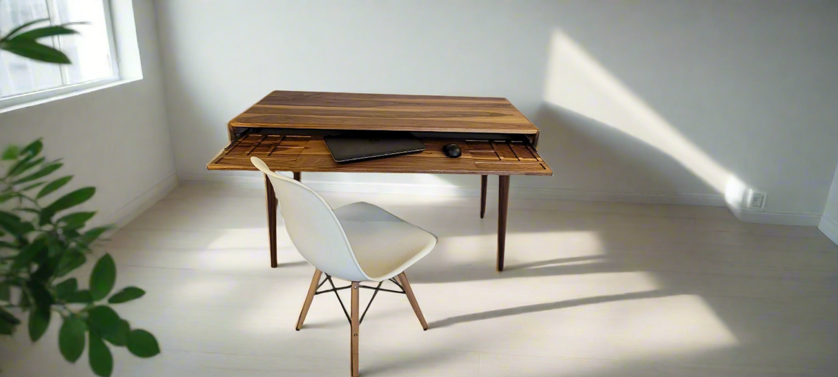 The Roland - Mid-century Modern All Black Walnut Office Desk with Carved Keyboard Shelf (all walnut)