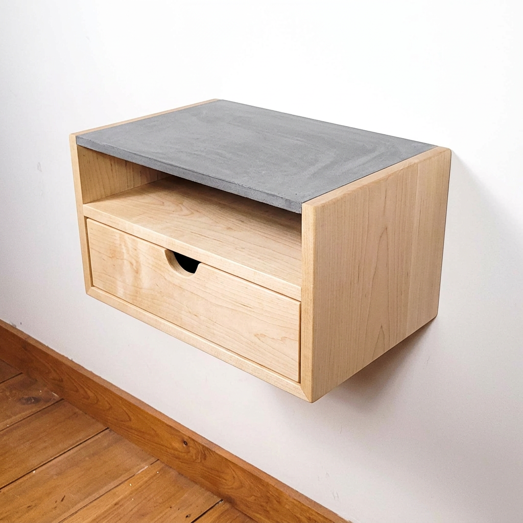 Aby Cloud - Floating Black Walnut Side Table Nightstand with Concrete Shelf