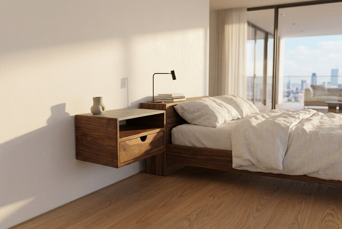 Aby Cloud - Floating Black Walnut Side Table Nightstand with Concrete Shelf