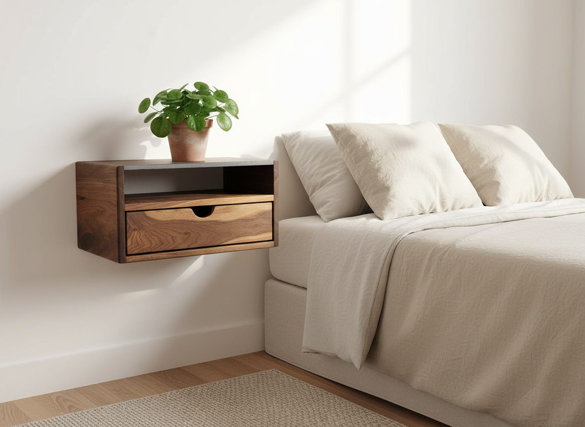 Aby Cloud - Floating Black Walnut Side Table Nightstand with Concrete Shelf