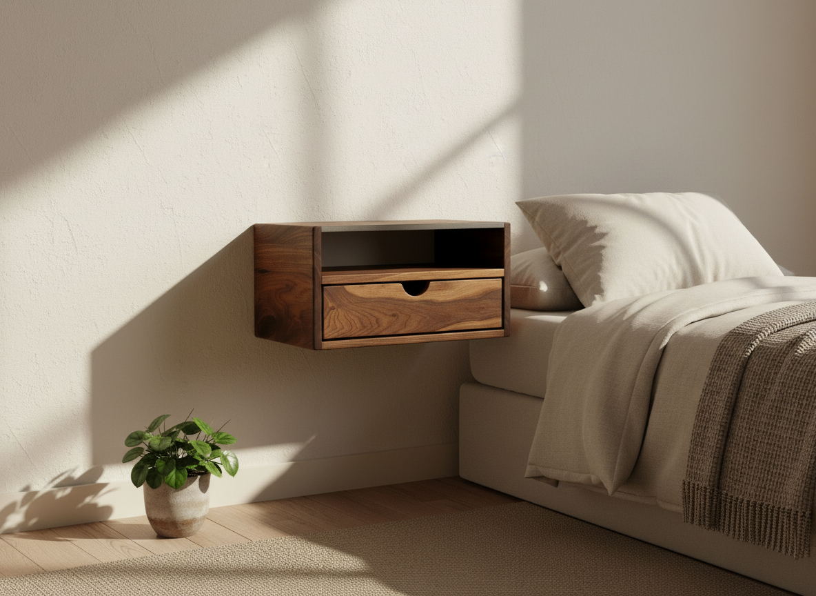 Aby Cloud - Floating White Oak Side Table Nightstand with Concrete Shelf