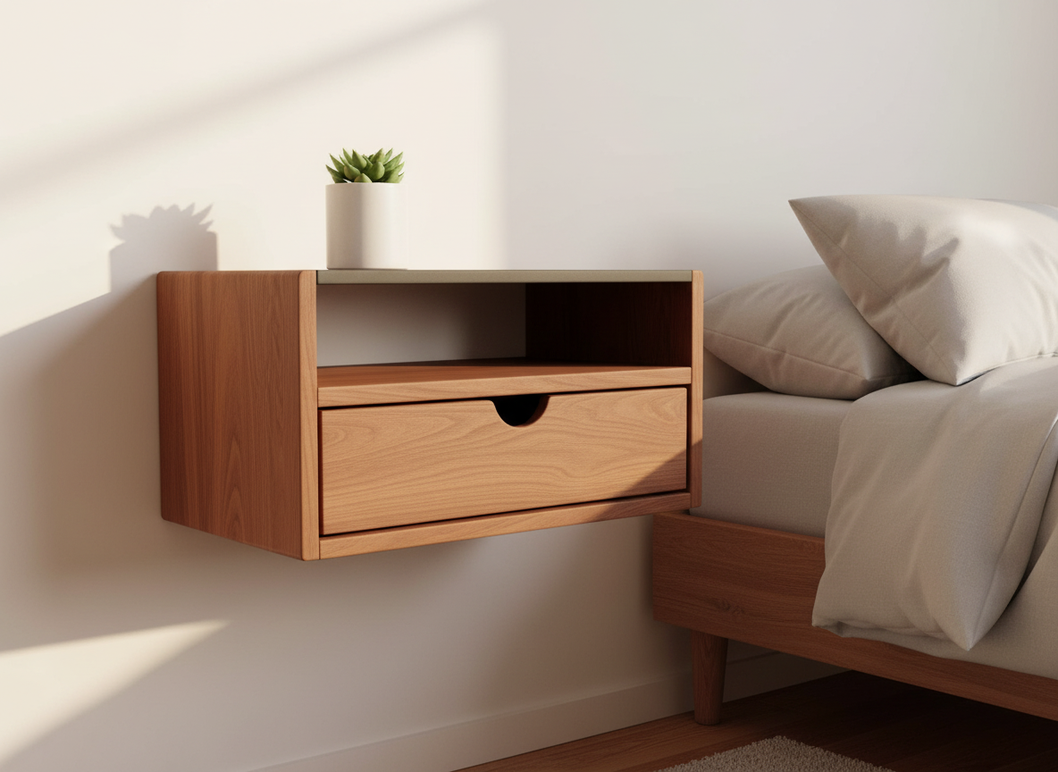 Aby Cloud - Floating Black Walnut Side Table Nightstand with Concrete Shelf