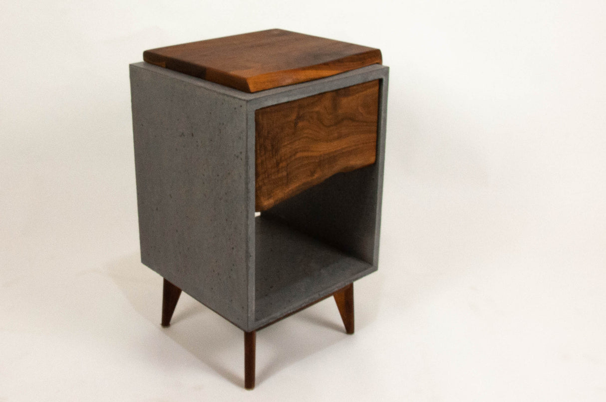 Classic Edge Black - Concrete Dark Grey Box & Live Edge Wood Top / Side Drawer Nightstand