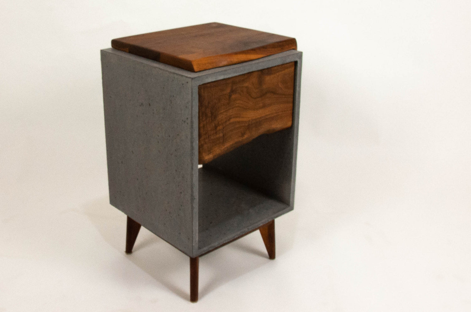 Classic Edge Black - Concrete Dark Grey Box & Live Edge Wood Top / Side Drawer Nightstand