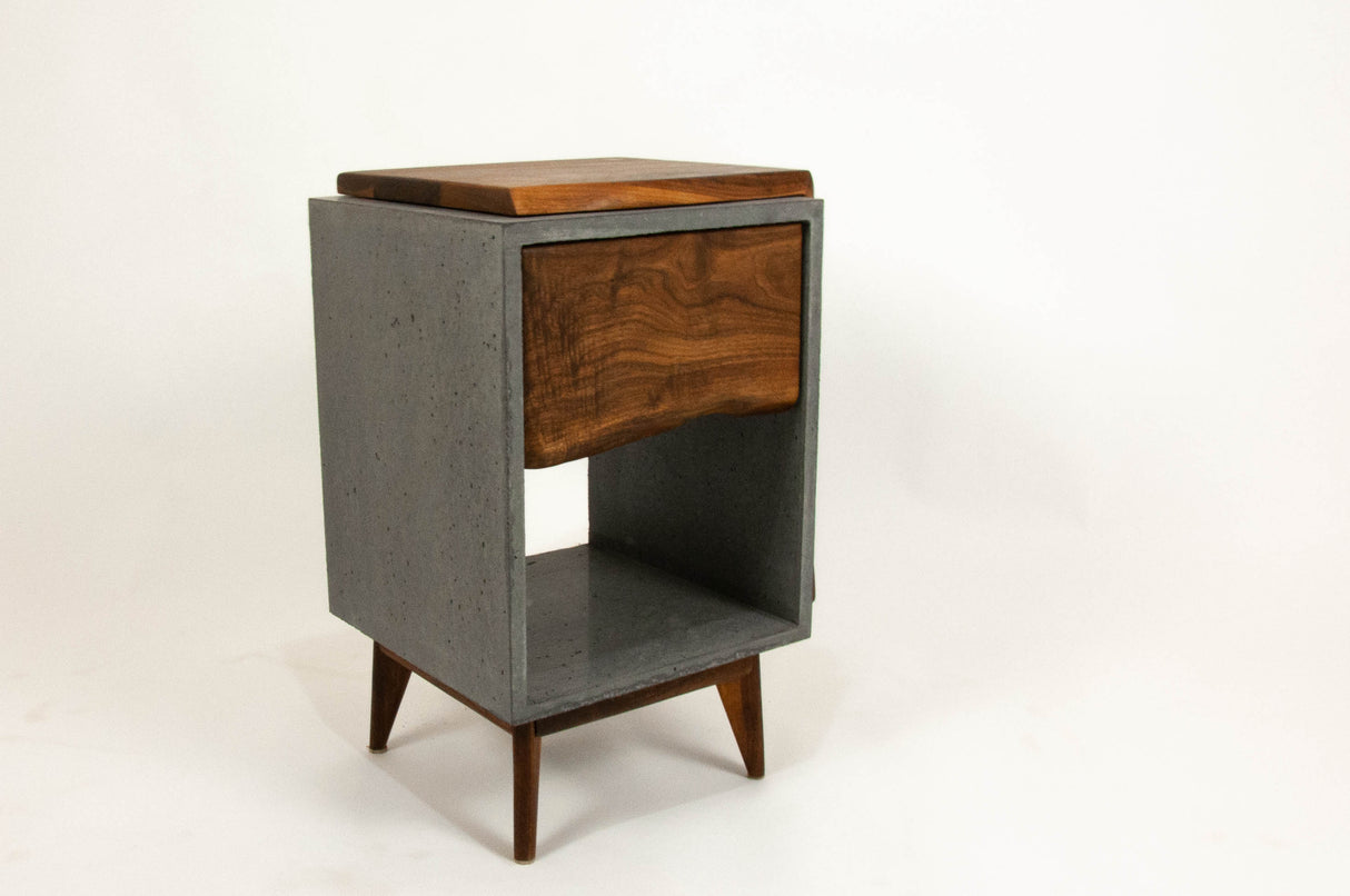 Classic Edge Light - Concrete Box & Live Edge Wood Top / Side Drawer Nightstand
